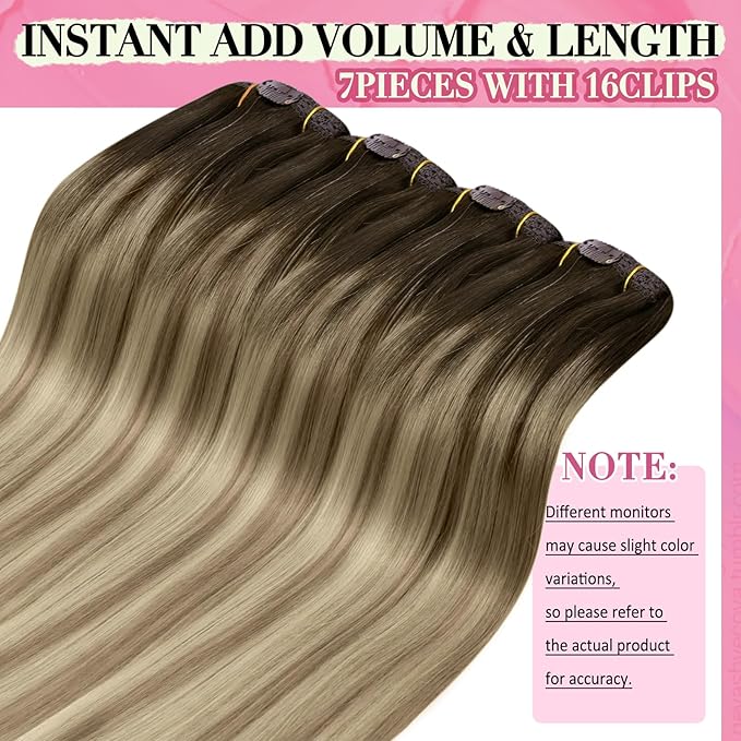 YoungSee 150G Clip in Real Hair Extensions Brown Clip on Hair Extensions Dark Brown Ombre Light Brown with Blonde Soft and Silky for Casual Outings 22inch 7pcs