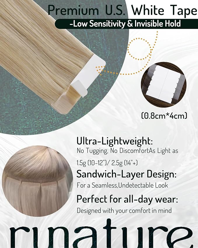 RUNATURE Human Hair Tape in Extensions Ash Blonde Mix Light Blonde Invisible Tape in Hair Extensions Human Hair 18 Inch Double Sided Remy Tape ins Human Hair Extension Silky Full Ends 50g 20pcs