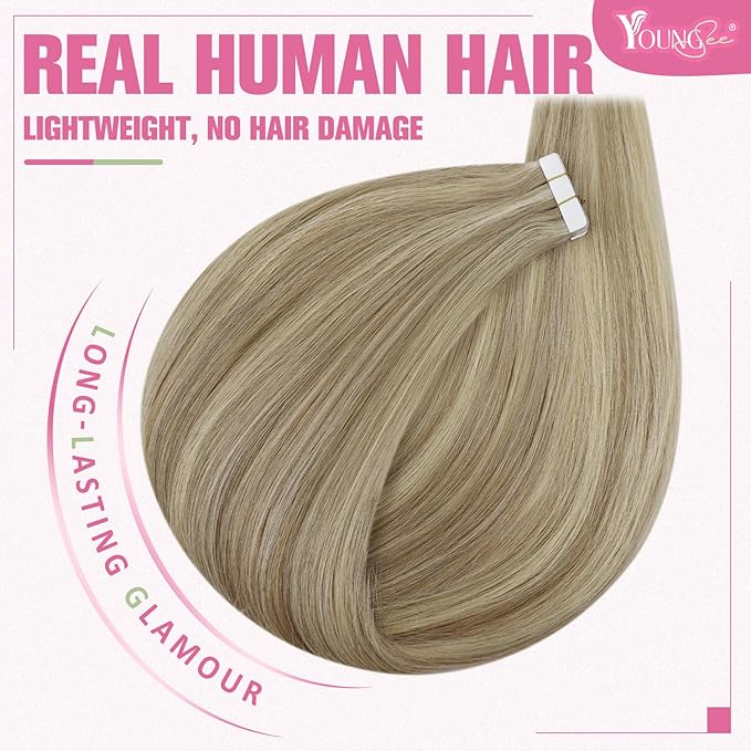 YoungSee Tape in Hair Extensions Real Human Hair Blonde Highlight Tape ins Human Hair Extensions Golden Blonde Highlights Human Hair Tape in Extensions 20 Inches 20pcs 50g Invisible Hair Extensions