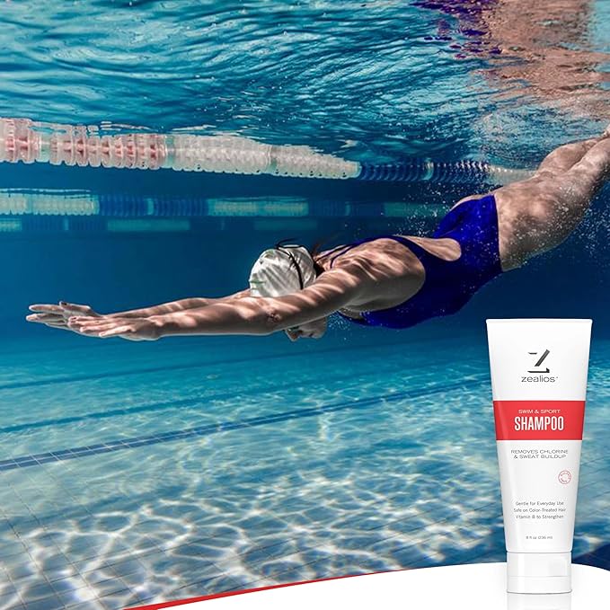 Zealios Sport Clarifying Shampoo, 8 oz Squeeze Tube for Extremely Damaged Hair, Pool Hair Repair & Protector - Sulfate-Free, Moisturizing Chlorine & Salt Removal, Color-Safe, Citrus Scent for Swimmers