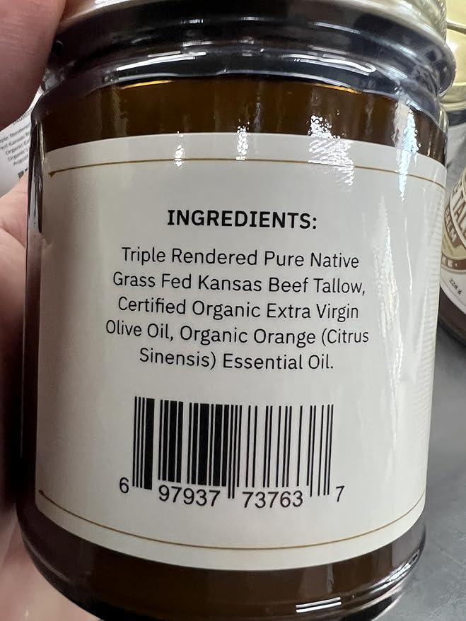 Beef Tallow Balm - 8 oz - Made in USA - Organic Grass Fed and Finished - Moisturizing Skin Care Orange