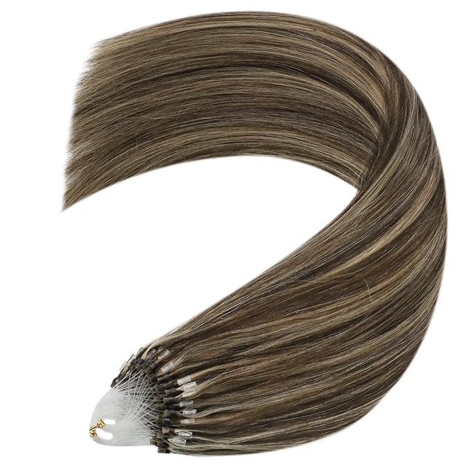 YoungSee Microlink Hair Extensions Human Hair Brown Highlight Micro Beads Hair Extensions Dark Brown Highlight Caramel Blonde Bead Hair Extensions Real Human Hair Short Hair Extensions 14 Inch 50g 50s