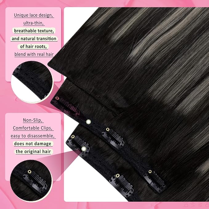 YoungSee 135G Clip in Hair Extensions Ombre Clip in Hair Extensions Human Hair Blend of Black and Silver with Black Roots Black Women for Natural Look 16In