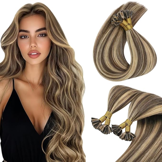 Sunny Hair U Tip Hair Extensions Human Hair Brown with Blonde Utip Hair Extensions Human Hair 18inch K Tip Hair Extensions Real Human Hair for Wedding 50g