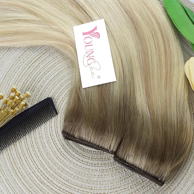 YoungSee Wire Hair Extensions Human Hair Ombre Blonde Wire Hair Extensions for Women Real Human Hair Balayage Ash Blonde Ombre Platinum Blonde Human Hair for Damaged Hair Repair 80G 14Inch