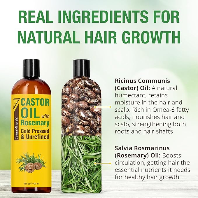 Seven Minerals Cold Pressed Castor Oil with Rosemary - 16 fl oz Bottle - Unrefined & Hexane Free - Hair Growth, Thicker Eyelashes & Eyebrows, Dry Skin Care, Joint and Muscle Pain (Pack of 1)