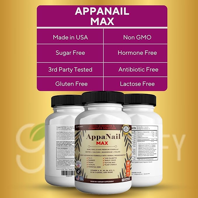 AppaNail MAX Hair Skin & Nail Supplement, 60 Capsules, with Biotin 5000mcg, Vitamins, Minerals & Herbal Complex (1)