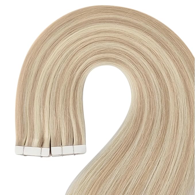 YoungSee Tape in Hair Extensions Real Human Hair Blonde Highlight Tape in Hair Extensions Light Blonde and Strawberry Blonde Highlight Human Hair Extensions Tape in 20In 20pcs 50g Seamless Extensions