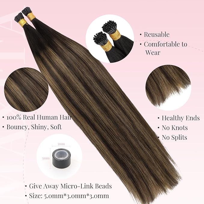 MAXITA I Tip Hair Extensions, 50g/100s, Dark Brown Mixed Chestnut Brown, 14 Inch Comfortable Wear, Invisible & Natural Cold Fusion, 100% Remy Human Hair Itip Keratin Extensions