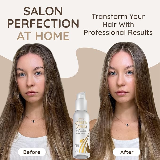 VITAMINS hair cosmetics Keratin Hair Serum for Frizzy and Damaged Hair, Anti Frizz Serum with Biotin, Castor Oil & Collagen for Heat Protection, Shine and Gloss Treatment - 4.25 Fl Oz