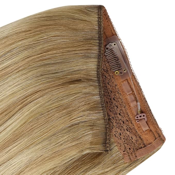 YoungSee Wire Hair Extensions Real Human Hair Balayage Wire Hair Extensions Light Brown with Platinum Blonde and Brown #8/60/8 Layered Hair Extensions Human Hair Fish Line Hair Extensions 16Inch 80G