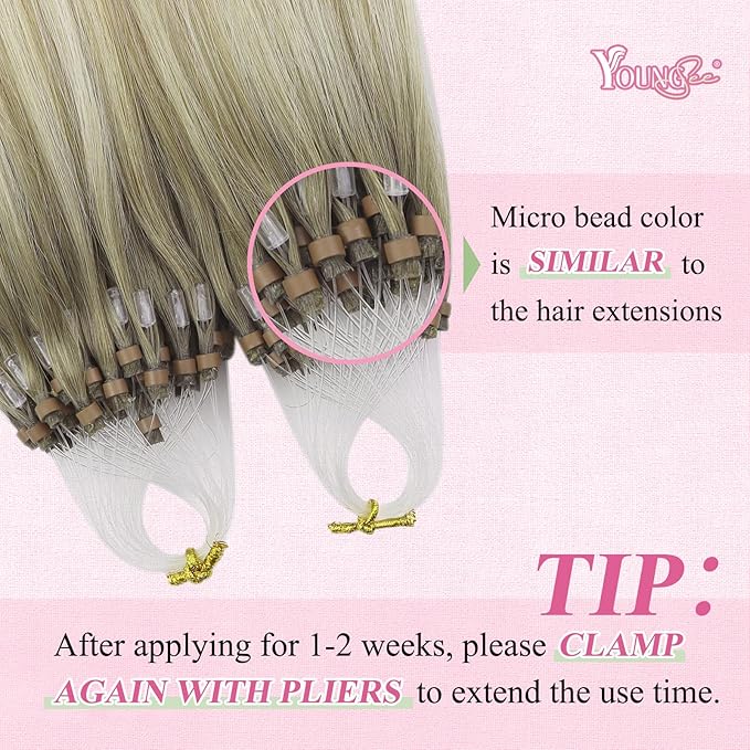 YoungSee Micro Loop Hair Extensions Real Human Hair Blonde Bead Hair Extensions Human Hair Ash Blonde Ombre Platinum Blonde Microbead Human Hair Extensions Balayage Add Hair Length 22In 50s/50g