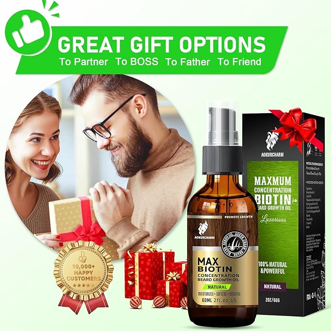 Beard Growth Oil for Men – Natural Biotin Beard Oil with Castor, Vitamin B5 & Grape Seed to Soften, Nourish & Thicken Facial Hair – Conditioning, Moisturizing Grooming Oil, 2oz Gift for Men, Unscented