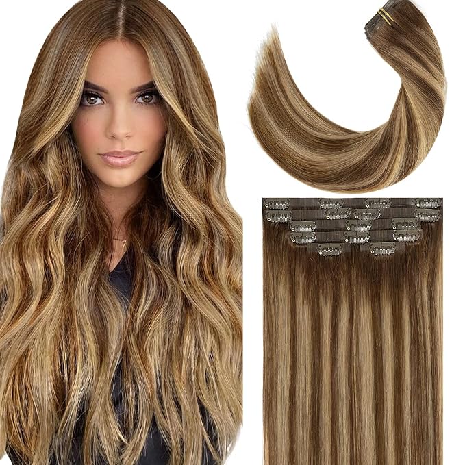 LacerHair PU Clip in Hair Extensions Remy Human Hair Chocolate Brown to Caramel Blonde with Brown Roots 22 Inch Thick Remy Glam Seamless Light Hair Extensions with Skin-Weft Technology 110g 7pcs