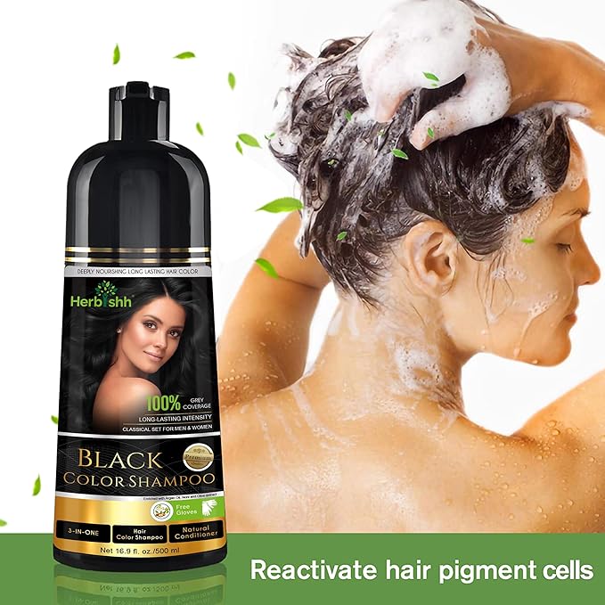 Herbishh Hair Color Shampoo for Gray Hair – Natural Hair Dye Shampoo – Colors Hair in Minutes – Lasts Up To 3-4 Weeks – 500ML – 3-In-1 Hair Color – Colors, Cleanses, and Conditions (Black)