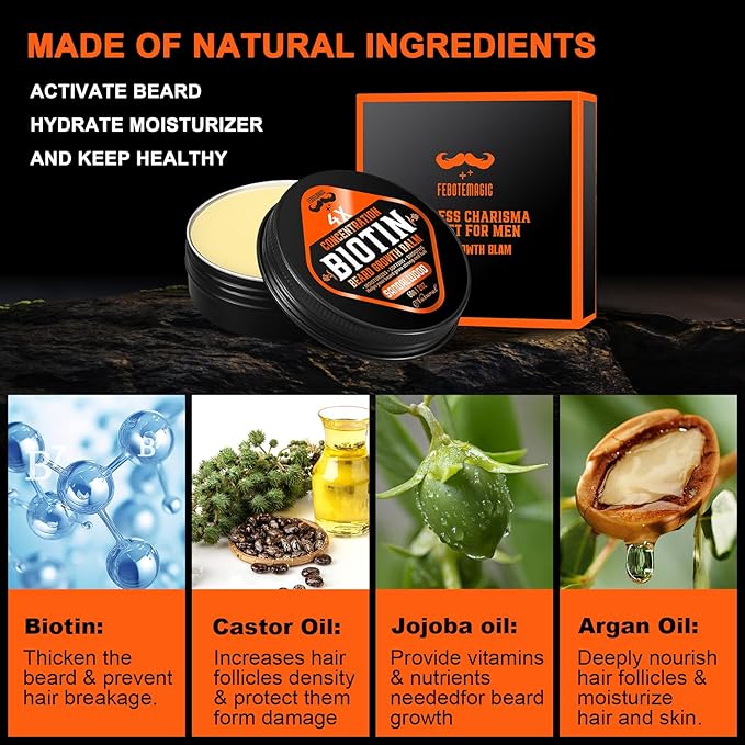 Biotin Beard Growth Balm for Men – Conditioning Balm with Castor, Shea & Jojoba Oils to Condition, Soften & Thicken Facial Hair – Non-Greasy, Sandalwood Scent – 2 oz Grooming Kit