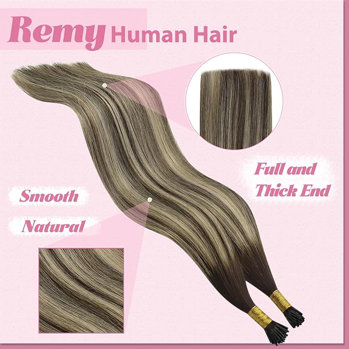 YoungSee Itip Human Hair Extensions Balayage Tip Hair Extensions Ombre Dark Brown with Ash Blonde I Tips Hair Extension for Women 80s I-Tips Extensions Real Human Hair Silky Straight 16Inch 50g