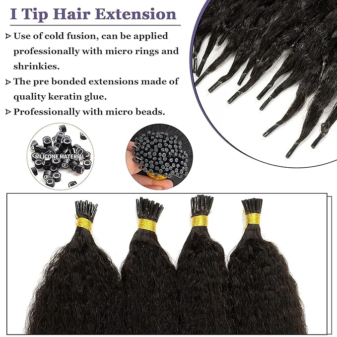 Anrosa I Tip Hair Extensions Real Human Hair Kinky Straight Natural Black Itip Extensions 22 Inch 50g Human Micro Links Hair Extensions Keratin Fusion Natural Hair for Black Women