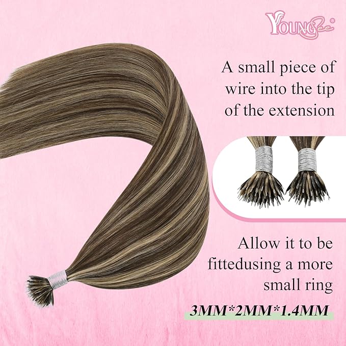 YoungSee Nano Hair Extensions Real Human Hair Brown Nano Beads Hair Extensions Human Hair Dark Brown Highlight Caramel Blonde for Long Hair Silky Straight Natural Looking 24in 50s 50g