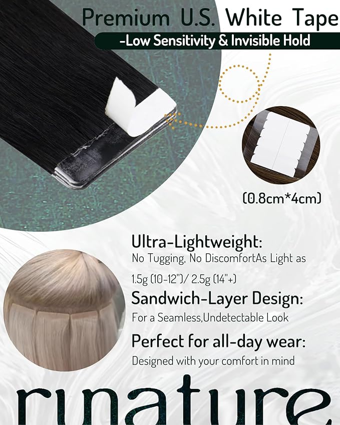 RUNATURE 20 Inch Tape in Hair Extensions Human Hair for Black Girl Invisible Tape ins Human Hair Extensions Brazilian Straight Tape in Extensions Remy Hair Long Glue in Hair Extensions Silky 50g 20pcs
