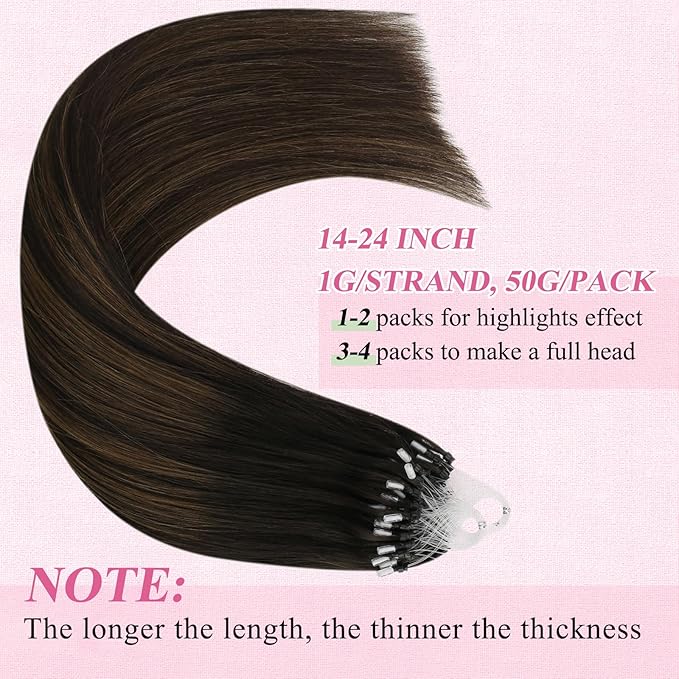 YoungSee Microbead Hair Extensions Brown Micro Loop Hair Extensions Real Human Hair Balayage 18 Inch Micro Ring Hair Extensions Dark Brown Ombre Bead Hair Extensions Silky Straight for Girls 50g 50s