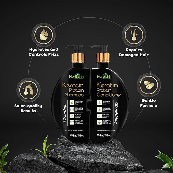 Herbishh Keratin Shampoo and Conditioner Set - Hydrating Shampoo & Nourishing Conditioner for Dry Damaged Hair - Sulfate Free - Plant Based - Set of 2
