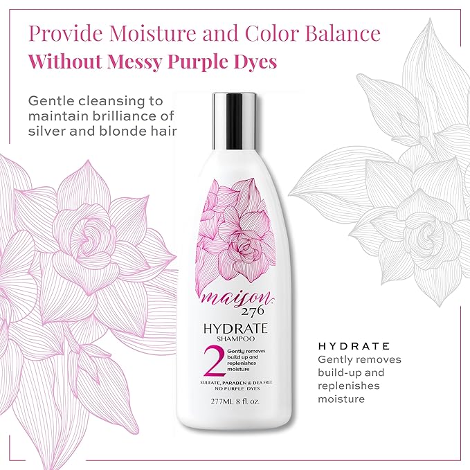 Maison 276 HYDRATE Shampoo for Silver, Gray & Blonde Hair, Tone-Correcting, Neutralizes Brassiness & Replenishes Hair Moisture, Sulfate-Free, 8 oz Bottle