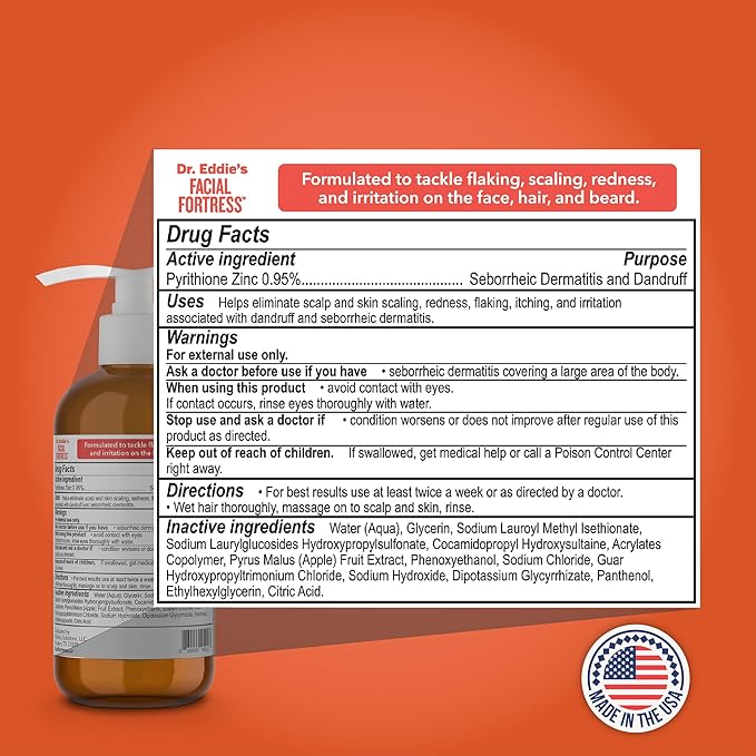 Dr. Eddie's Facial Fortress 3 in 1 Face, Hair, & Beard Wash - Beard and Face Wash for Men, Beard Cleanser, Face Soap, Beard Care, Dandruff Shampoo with Pyrithione Zinc - 8 Fl Oz (Pack of 1)