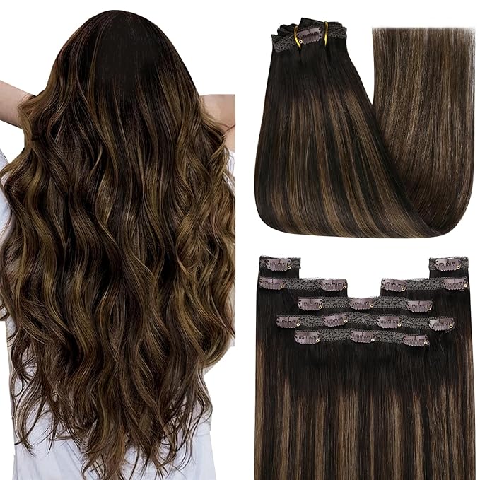 YoungSee 150G Clip in Hair Extensions Balayage Clip on Hair Extensions Dark Brown Mix Medium Brown Highlights Brown Balayage Clip in Extensions Real Hair Suitable for Special Occasions 7Pcs 20In 7Pcs
