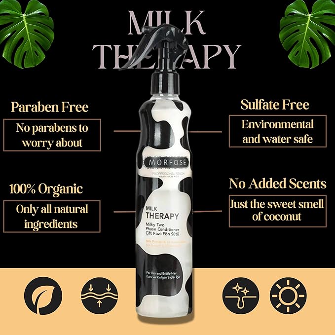 Morfose Professional Two Phase Leave-in Conditioner for Dry, Damaged, or Brittle Strands, Repairs and Protects, Damage, and Split Ends, 13.52 Fl Oz (Milk Therapy)