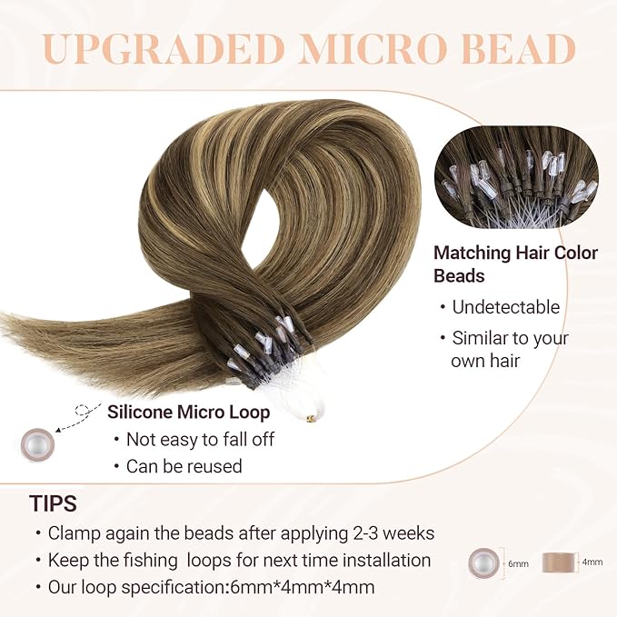 MAXITA Microlink Hair Extensions Human Hair Balayage Dark Brown Mixed Chestnut Brown Micro Bead Hair Extensions Virgin Human Hair, 50g/50 Strands/Pack, 20 In