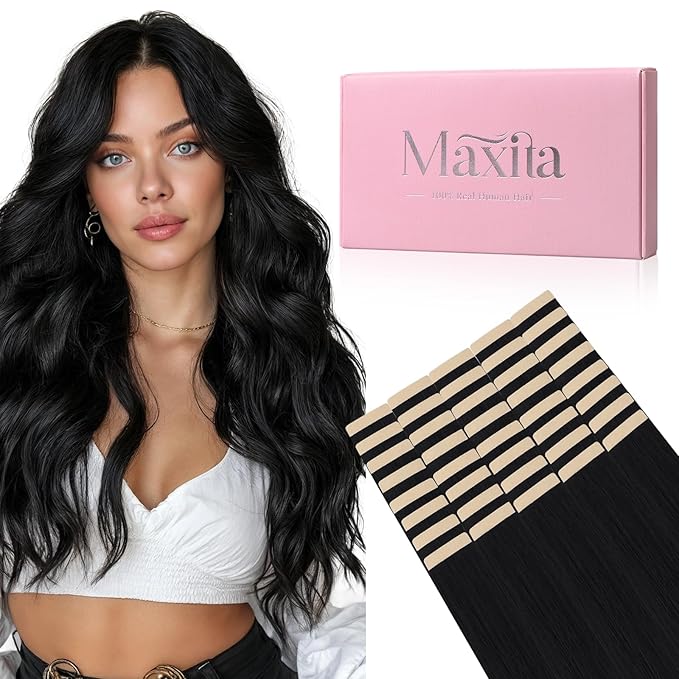 MAXITA Tape in Hair Extensions Jet Black 100% Remy Human Hair 22 Inch 40pcs 100g/pack Straight Seamless Real Hair Extensions Tape in Extensions for Women
