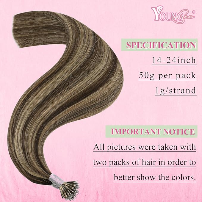 YoungSee Nano Hair Extensions Real Human Hair Brown Nano Beads Hair Extensions Human Hair Dark Brown Highlight Caramel Blonde for Long Hair Silky Straight Natural Looking 24in 50s 50g