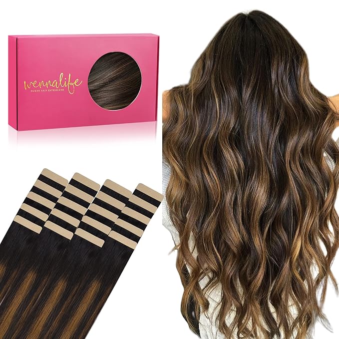 WENNALIFE Tape in Hair Extensions Human Hair, 20pcs 50g 16 inch Natural Black Mixed Chestnut Brown Remy Hair Extensions Straight Human Hair Tape in Extensions Skin Weft Tape Extensions Human Hair