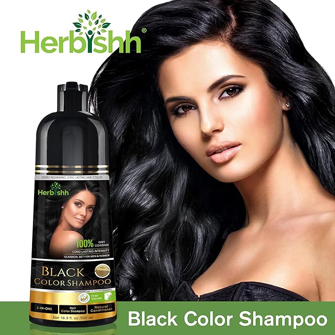 Herbishh Hair Color Shampoo for Gray Hair – Natural Hair Dye Shampoo – Colors Hair in Minutes – Lasts Up To 3-4 Weeks – 500ML – 3-In-1 Hair Color – Colors, Cleanses, and Conditions (Black)