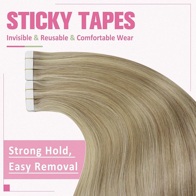 YoungSee Tape in Hair Extensions Real Human Hair Blonde Highlight Tape ins Human Hair Extensions Golden Blonde Highlights Human Hair Tape in Extensions 20 Inches 20pcs 50g Invisible Hair Extensions