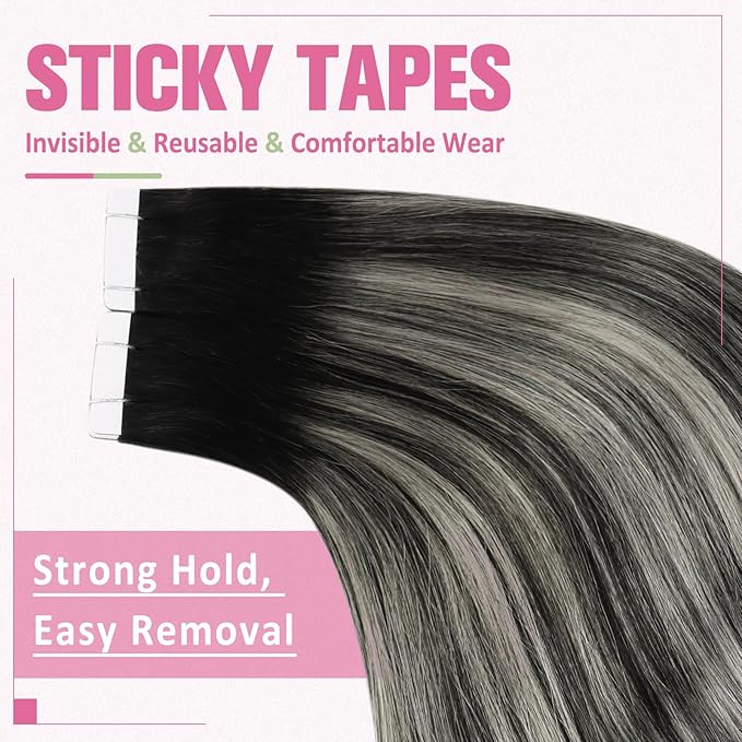 YoungSee Tape in Hair Extensions Human Hair Ombre Seamless Tape in Hair Extensions Human Hair Black Ombre Silver with Black Roots Human Hair Tape ins Reusable 18In 50g 20pcs