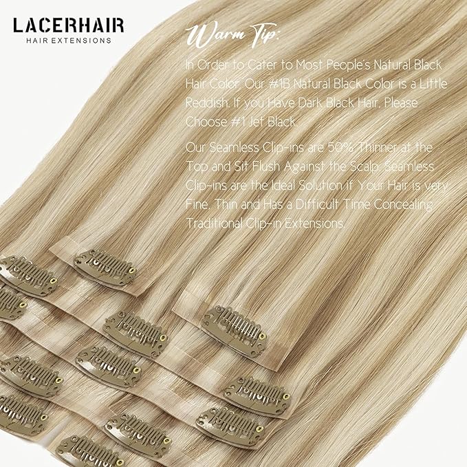 Lacer Clip in Hair Extensions 22in Seamless Clip in Hair Extensions Golden Blonde Highlight Platinum Blonde Highlight Clip in Hair Extensions 7Pcs Invisible PU Skin Weft For Women 110G