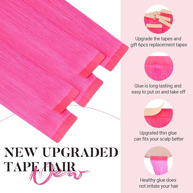 MAXITA Tape in Hair Extensions Human Hair Hot Pink Tape in Extensions 10pcs 30g 22inch Colored Invisible Real Human Hair Extension Soft Straight Wine Red Glue in Hair Extensions