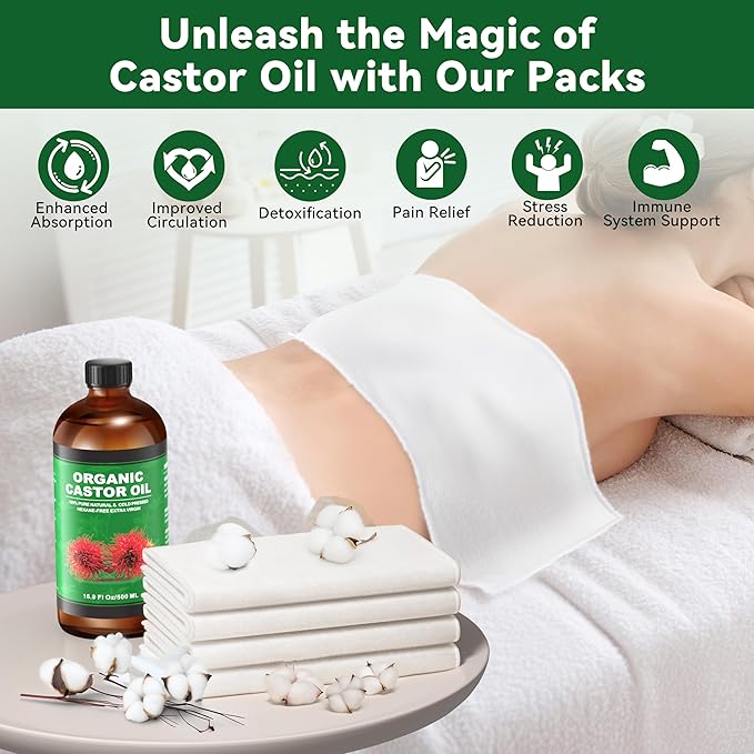 16.9 oz Castor Oil Organic Cold Pressed Unrefined Glass Bottle | 4 Pcs Castor Oil Pack Wrap Organic Cotton Reusable, Caster Oils Kit for Face, Hair, Eyelashes, Waist, Knee, Body