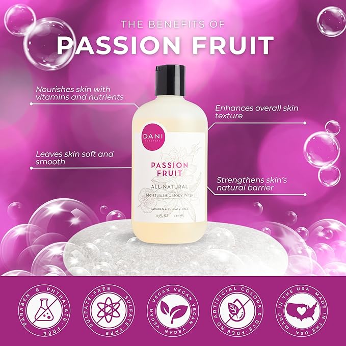 Naturals Moisturizing Body Wash - Sweet Passion Fruit Scent with Organic Aloe Vera & Natural Glycerin - Sulfate & Paraben-Free Shower Gel - 12 oz - Vegan & Cruelty-Free