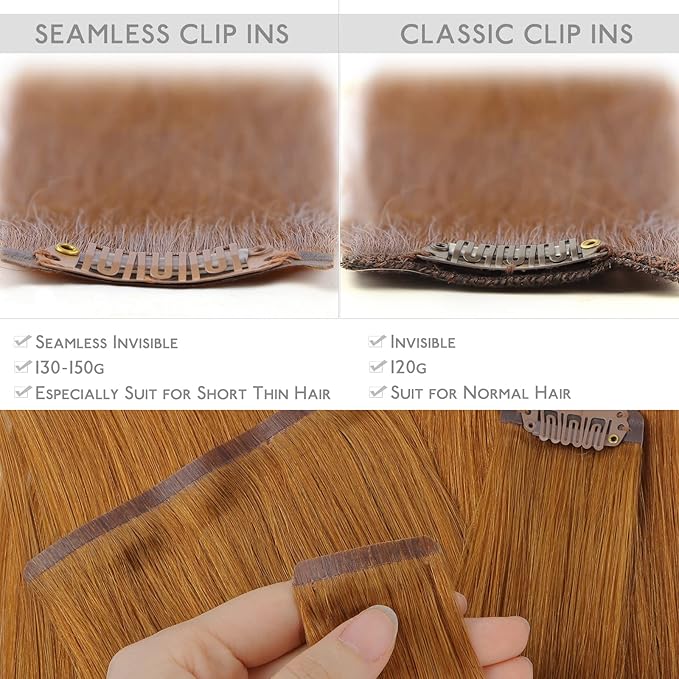 WENNALIFE Seamless Clip In Hair Extensions Human Hair, 18 Inch 130g 7pcs Auburn Ginger Real Hair Extensions Clip in Human Hair Invisible PU Skin Weft Natural Remy Human Hair Extensions