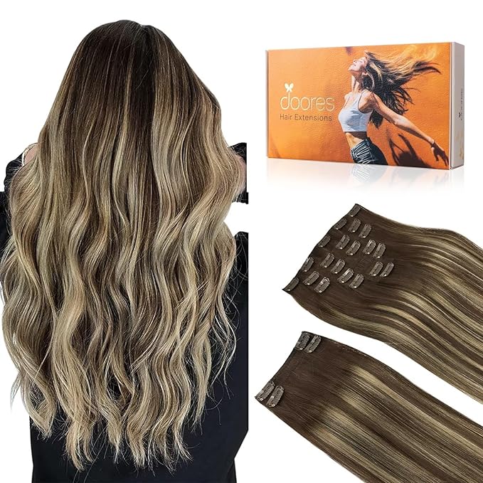 DOORES Human Hair Extensions Clip in, Balayage Chocolate Brown to Honey Blonde 150g 9pcs 22 Inch, Clip in Hair Extensions Remy Extensions Human Hair Natural Real Hair Extensions Human Hair Straight