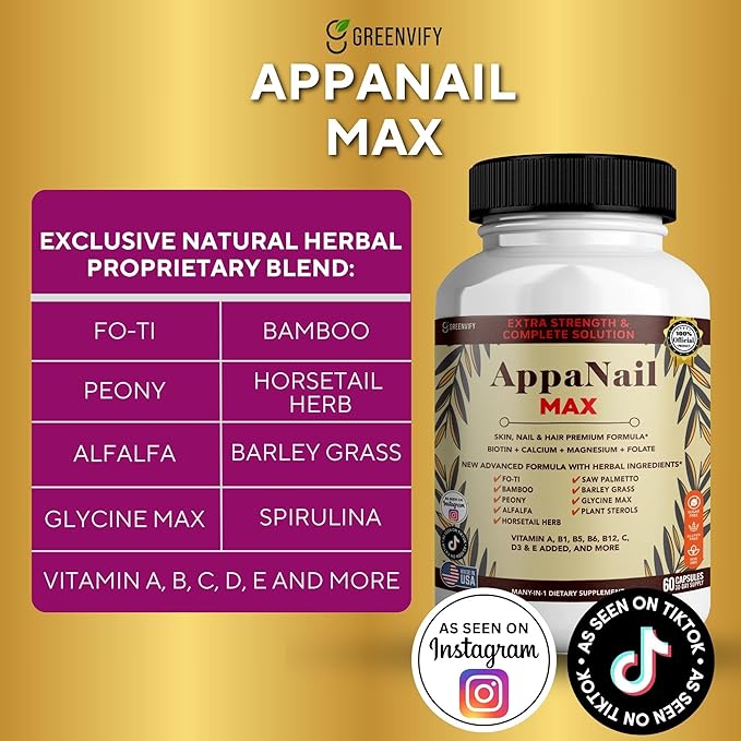 AppaNail MAX Hair Skin & Nail Supplement, 60 Capsules, with Biotin 5000mcg, Vitamins, Minerals & Herbal Complex (2)