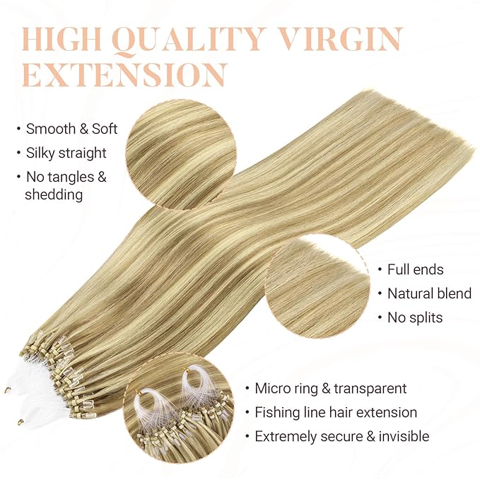 MAXITA Microlink Hair Extensions Human Hair, Light Blonde Highlighted Golden Blonde Micro Bead Hair Extensions Virgin Human Hair, 50g/50 Strands/Pack, 20 In