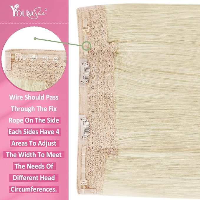 YoungSee Wire Hair Extensions Blonde Invisible Wire Hair Extensions Real Human Hair Platinum Blonde Wire Hair Extensions with Transparent Line Can Be Ironed And Dyed for Women 12In 70G