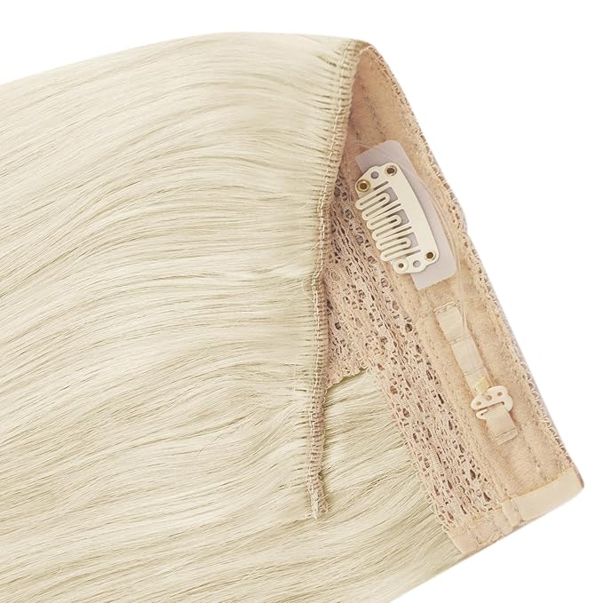 YoungSee Wire Hair Extensions Blonde Invisible Wire Hair Extensions Real Human Hair Platinum Blonde Wire Hair Extensions with Transparent Line Can Be Ironed And Dyed for Women 12In 70G