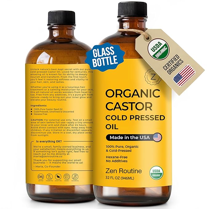 Zen Routine Organic Castor Oil (BIG Glass Bottle - 32oz) Hexane Free – Hair Growth Oil, Eye Lashes & Stomach – Pure 100% Cold Pressed Unrefined Oil for Castor Pack – USDA Certified, Made in the USA