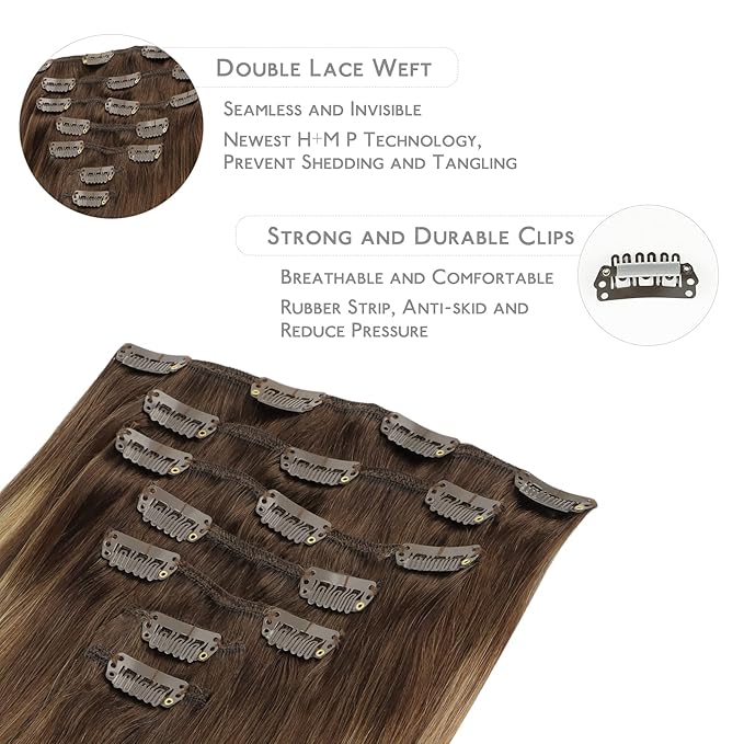 WENNALIFE Clip in Hair Extensions Real Human Hair, 18 Inch 120g 7pcs Balayage Chocolate Brown to Dirty Blonde Hair Extensions Clip In Human Hair Remy Clip in Hair Extensions Natural Human Hair