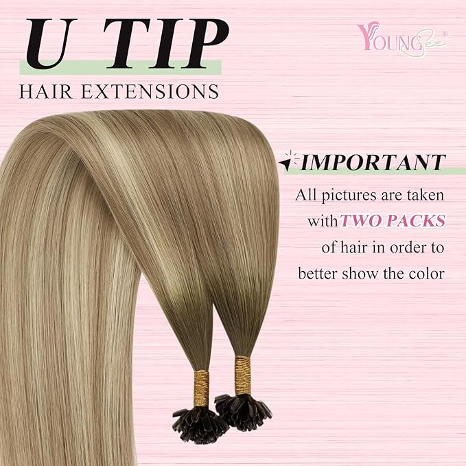 YoungSee U Tip Hair Extensions Balayage Keratin Tip Hair Extensions Balayage 24 Inch Long Utip Extensions Dark Brown Ombre Brown with Blonde U Tips Hair Extensions Real Human Hair for Women 50s/50g